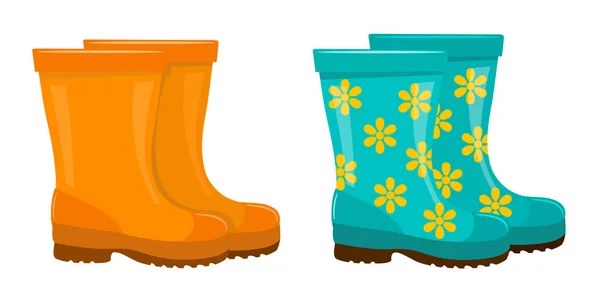 Set of colored rubber boots on a white background. A garment for — Stock Vector