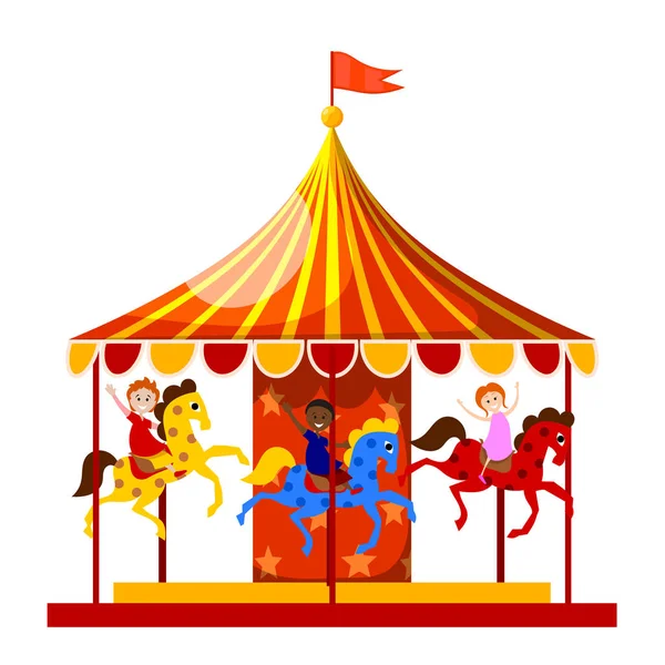 Merry-go-round está dando vueltas a los niños felices. Vector illustrati — Archivo Imágenes Vectoriales