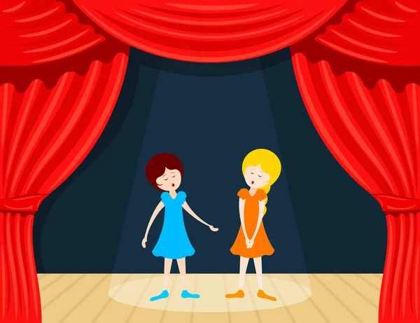 Twee meisjes zingen op het podium met rode backstage. Vectorillustratie. — Stockvector