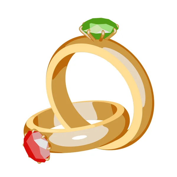 Två guld ringar med ädelstenar på en vit bakgrund. Smycken med röda och gröna diamanter. Vektorillustration — Stock vektor