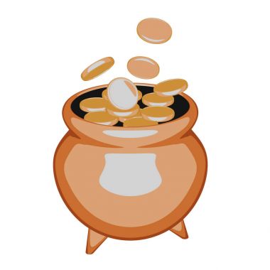 Altın sikke ile toprak kap. Beyaz bir arka plan üzerinde eski hazine. Vektör çizim