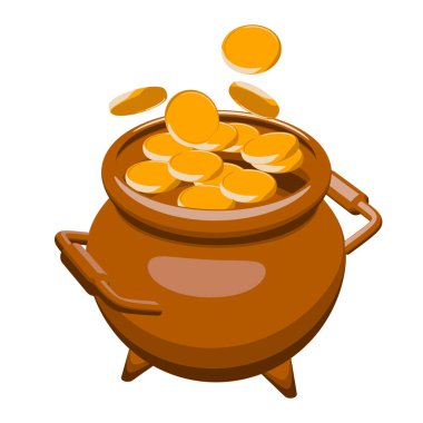 Altın sikke ile toprak kap. Beyaz bir arka plan üzerinde eski hazine. Vektör çizim