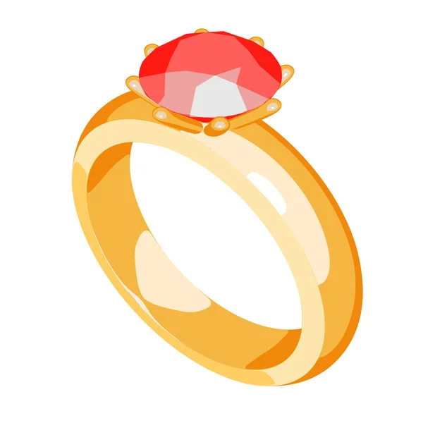 Anillo de oro con piedra preciosa. Joyas doradas sobre fondo blanco. Estilo de dibujos animados. Ilustración vectorial — Archivo Imágenes Vectoriales