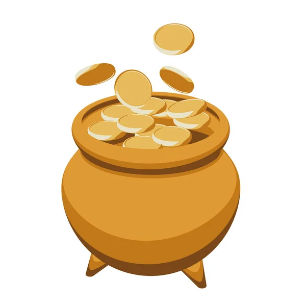 Πήλινο δοχείο με χρυσά νομίσματα. Αρχαίο θησαυρό σε λευκό φόντο. Εικονογράφηση διάνυσμα — Διανυσματικό Αρχείο