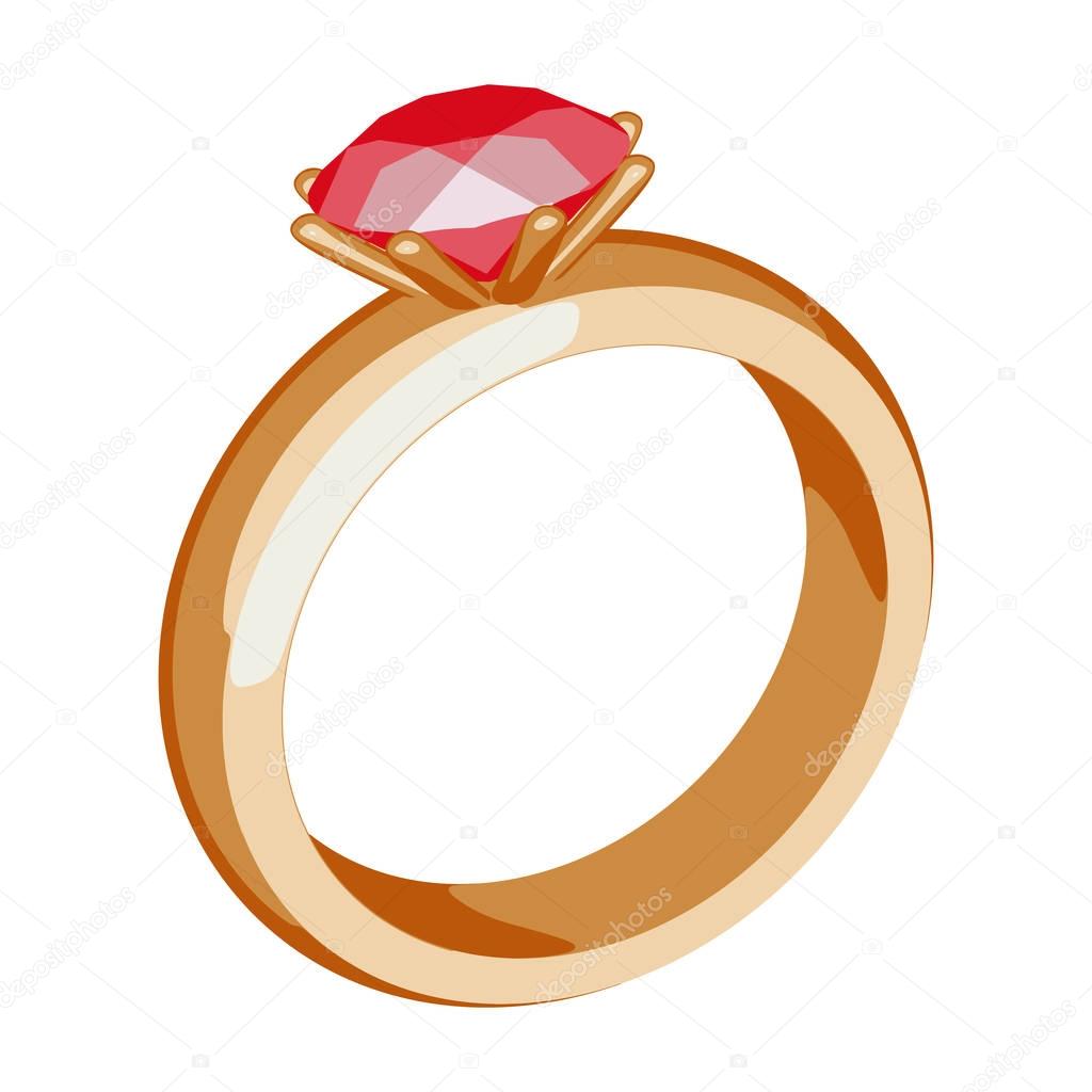 Gold ring with a precious stone. Gold jewelry on white background. Cartoon style. Vector illustration