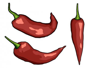 Soyut resim beyaz bir arka plan üzerinde set kırmızı biber. Chili stil çizgi film