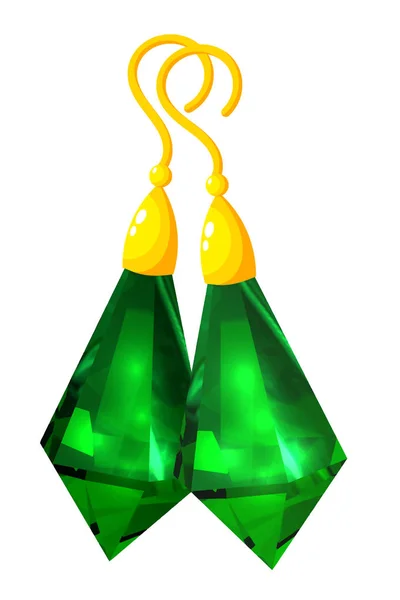 Brincos de ouro com uma pedra. Brincos de jóias femininas com gema verde no fundo branco. Ilustração vetorial —  Vetores de Stock