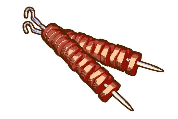 Kebab de shish em uma saliva. Espetos de carne na mão desenhando em um fundo branco. Ilustração vetorial — Vetor de Stock