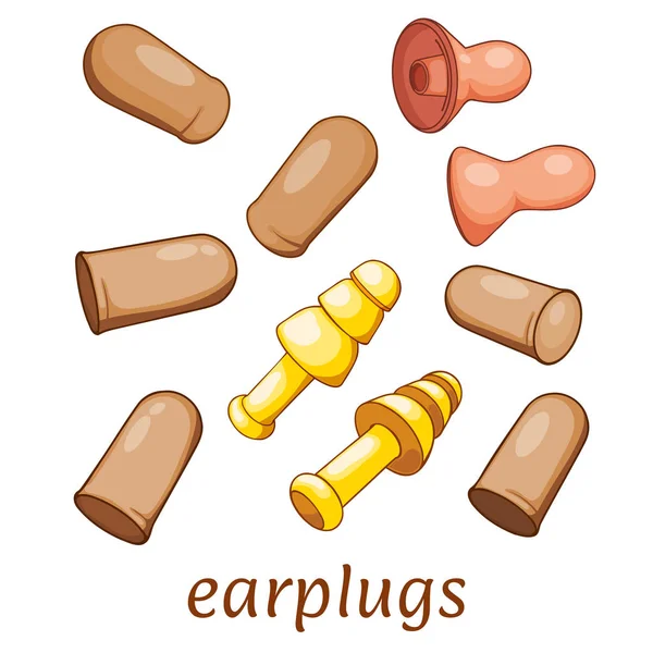 Proteja seus ouvidos de tampões de ouvido altos. Conjunto de diferentes tampões de ouvido no fundo branco. Ilustração vetorial —  Vetores de Stock