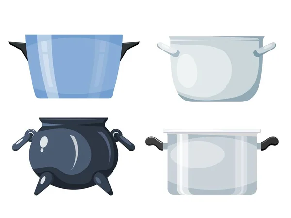 Conjunto de panelas de cozinha no estilo de um cartão. Ilustração vetorial de acessórios de cozinha. Caçarola de cozinha em um fundo branco —  Vetores de Stock