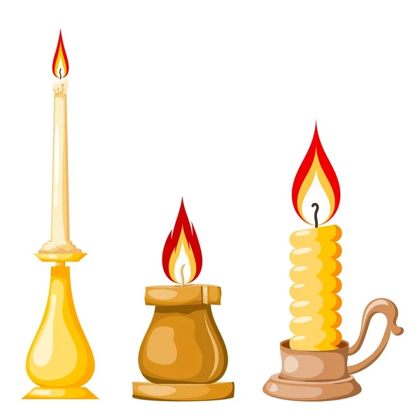 Desenhos animados de uma vela em um fundo branco. Conjunto de velas amarelas com chamas em estilo Cartoon. Ilustração vetorial —  Vetores de Stock