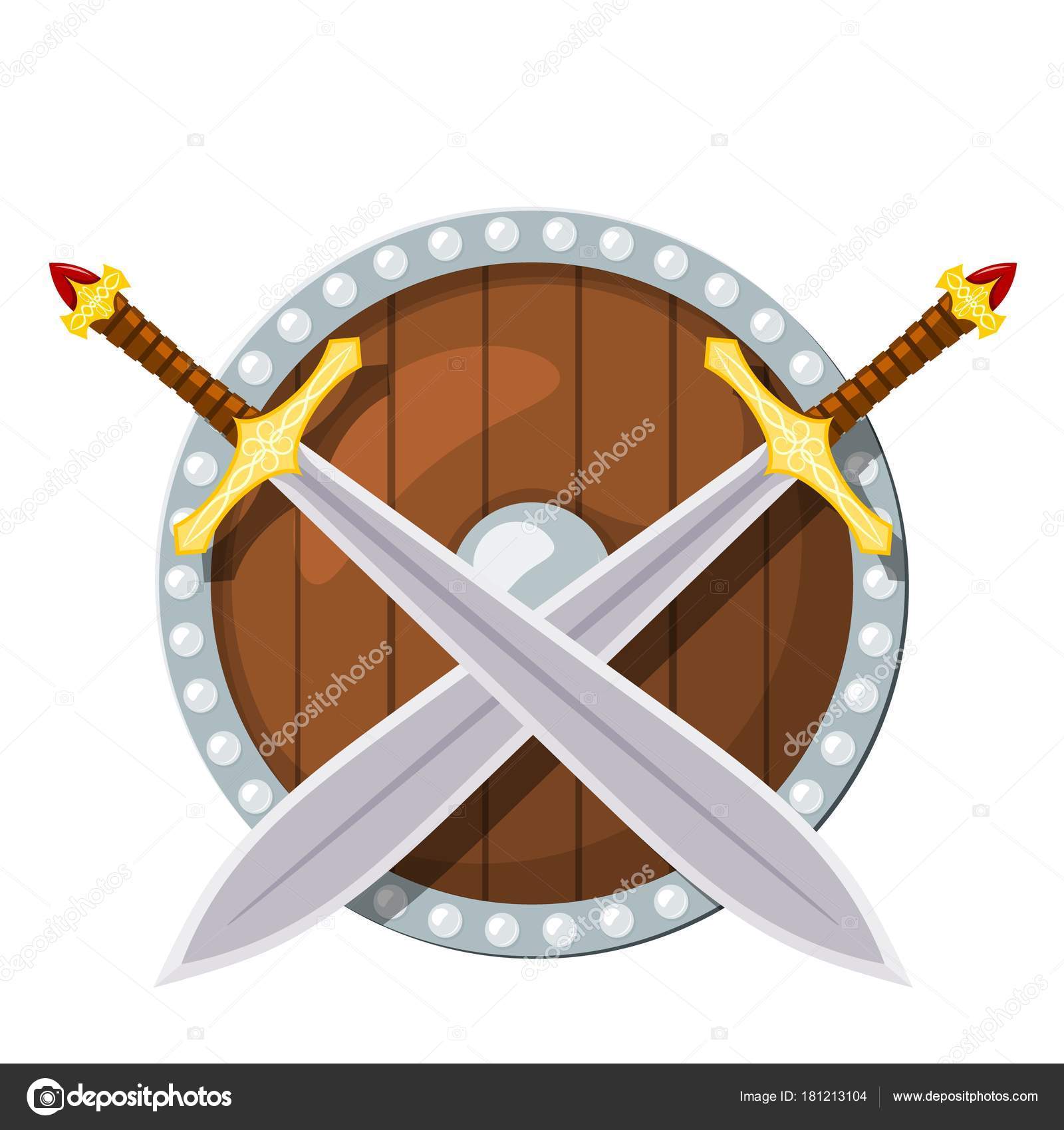 둥근 방패와 흰색 바탕에 두 전투 칼의 컬러 이미지. 만화 스타일에서의 바이킹 무기 벡터 일러스트 레이 션 스톡 벡터 -  ©lapotnik 181213104, image size:1600x1700