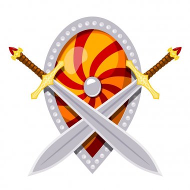 Renkli görüntü bir kalkan ve kılıç. İki çapraz kılıç ve kalkan karikatür tarzında beyaz bir arka plan üzerinde vektör çizimi