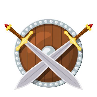 Bir yuvarlak kalkanı ve iki savaş kılıcı beyaz bir arka plan üzerinde renkli görüntü. Viking silah karikatür tarzı. Vektör çizim
