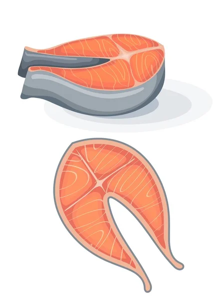 Pedaço de salmão sobre fundo branco. Ilustração vetorial de salmão de peixe-marinho no estilo dos desenhos animados — Vetor de Stock