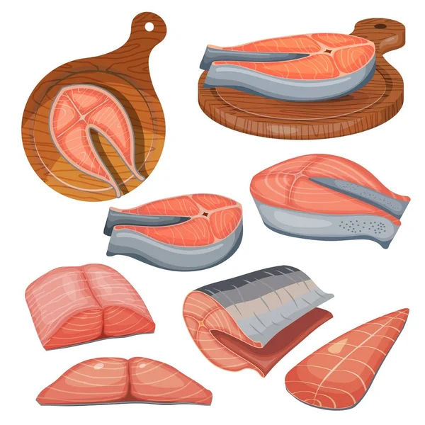 Illustrazione a colori di una collezione di pezzi di carne di salmone fresca su sfondo bianco. Illustrazione vettoriale di una serie di pezzi di pesce rosso, salmone, testa d'acciaio e taglieri — Vettoriale Stock