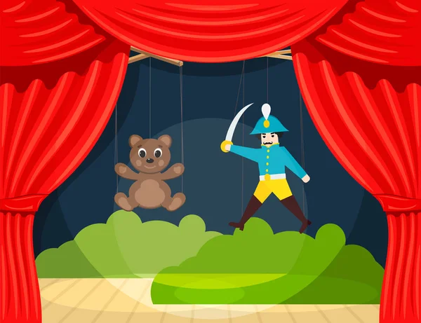 Teatro de marionetas para niños con títeres oso y soldado. Ilustración vectorial — Vector de stock