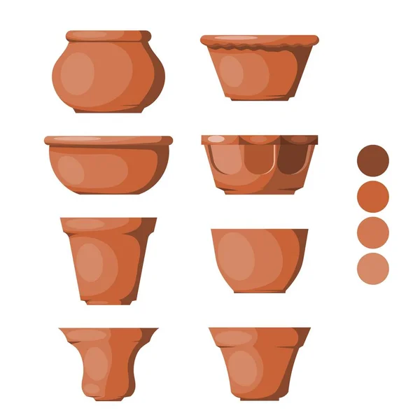 Immagine a colori di una serie di pentole di argilla su uno sfondo bianco. Illyustartsiya Collezione vettoriale di vasi di fiori in stile cartone animato — Vettoriale Stock