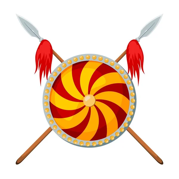 Farbbild zweier gekreuzter Speere mit Schild auf weißem Hintergrund. Vektorillustration eines heraldischen Zeichens mit einer Waffe — Stockvektor