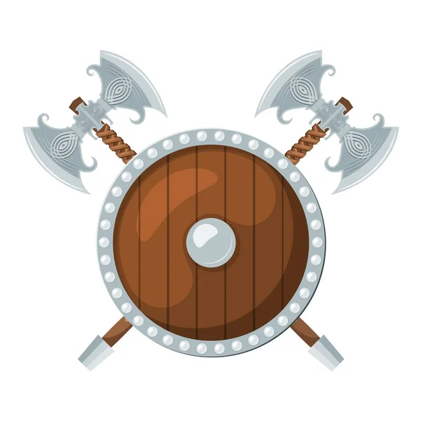 Imagem colorida de um escudo redondo e dois eixos de batalha sobre um fundo branco. Armas Viking em estilo Cartoon. Ilustração vetorial — Vetor de Stock