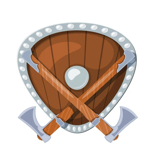 Ilustración en color de dos hachas escandinavas de batalla contra el fondo de un escudo. Imagen vectorial de hachas vikingas y escudo en estilo de dibujos animados — Vector de stock