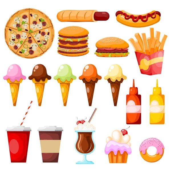 Fastfood items on a white background. Street food circle ketchup mustard hamburger donut pizza ice cream coffee sausage cream french potato hot dog vector illustration — Stock Vector