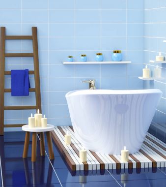 Modern banyo seramik banyo mum ile. 3D render alay