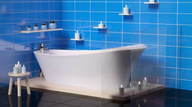 Modern banyo seramik banyo mum ile. 3D render alay