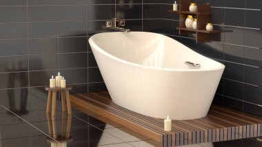 Modern banyo seramik banyo mum ile. 3D render alay