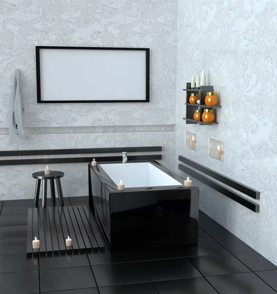 Modernes Badezimmer mit Keramikbad mit Kerzen. 3D-Rendering-Attrappe — Stockfoto