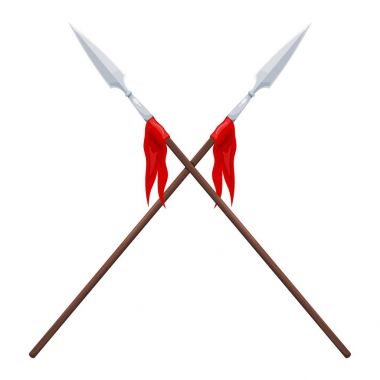 Beyaz bir arka plan üzerinde iki spears. Bir kırmızı bayrak ile çapraz geleneksel spears vektör çizim