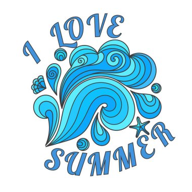 Deniz dalga beyaz bir arka plan üzerinde renkli görüntü. Stilize bir mavi dalga tarzında bir doodle I yaz aşkı yazıt ile bir vektör çizim