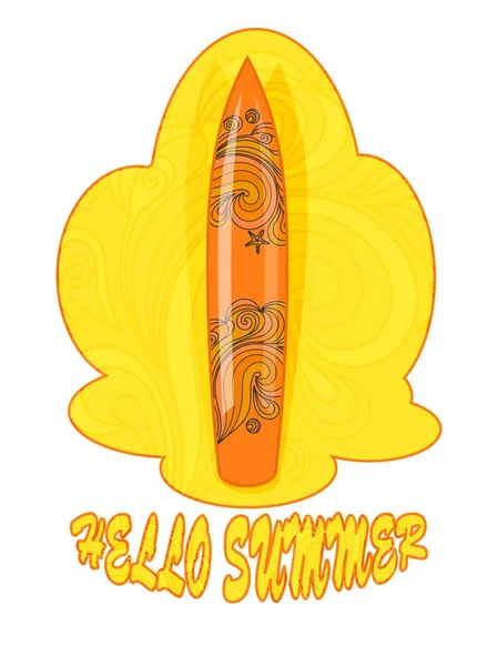 Imagem colorida de uma prancha amarela em um fundo amarelo. Ilustração vetorial do símbolo do surf com elementos doodle no design . — Vetor de Stock