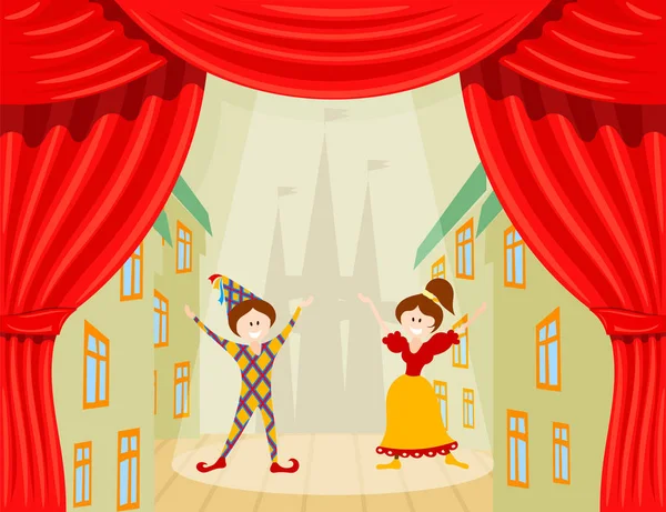Teatro Infantil. Una escena con dos jóvenes actores y escenas rojas. Ilustración vectorial de una actuación con Arlequín y Colombina — Archivo Imágenes Vectoriales