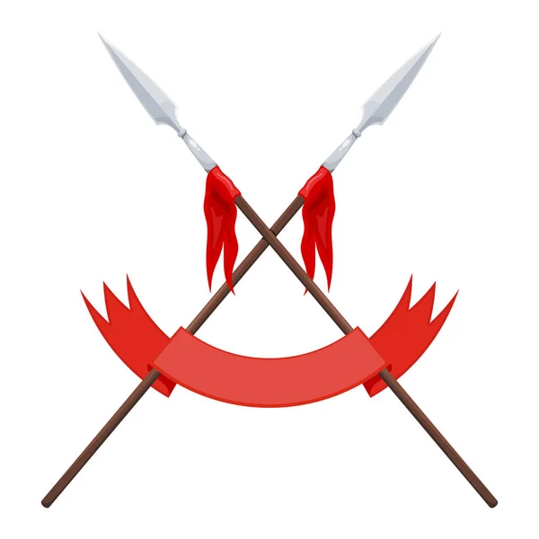 Dos lanzas, una bandera y una cinta roja sobre un fondo blanco. Ilustración vectorial de un signo heráldico - lanzas cruzadas y cinta. Dibujos animados ilustración — Vector de stock