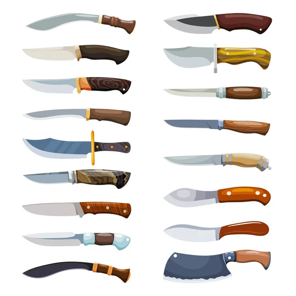 Grand ensemble d'images en couleur de couteaux criminels sur fond blanc. Illustration vectorielle d'une collection de couteaux dans le style de Cartoon — Image vectorielle