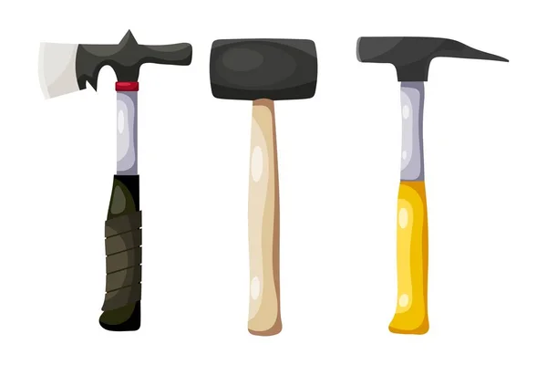 Färgbild av en uppsättning hammare på en vit bakgrund. Vektorillustration av en uppsättning hammare i tecknad stil — Stock vektor