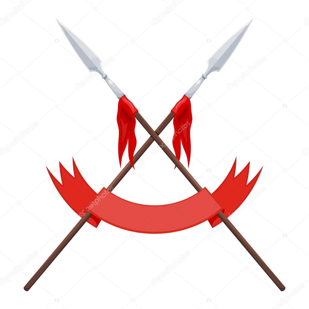 Two spears, a flag and a red ribbon on a white background. Vector illustration of a heraldic sign - crossed spears and ribbon. Cartoon illustration