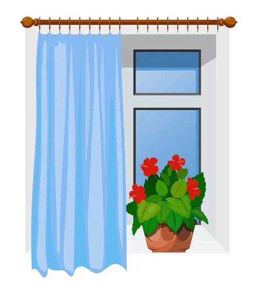 Imagen en color Ventanas estilo caricatura con cortinas sobre fondo blanco. Ilustración vectorial de una ventana con una flor de hibisco — Archivo Imágenes Vectoriales