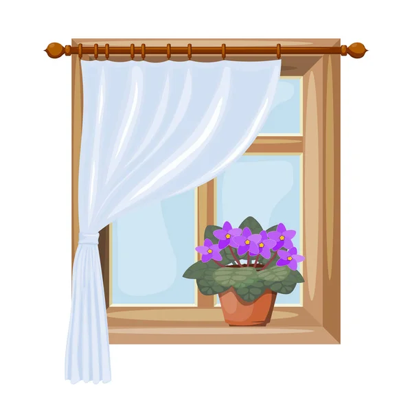 Imagem a cores de uma janela com cortinas em um fundo branco. Ilustração vetorial de uma janela com uma flor de violeta —  Vetores de Stock