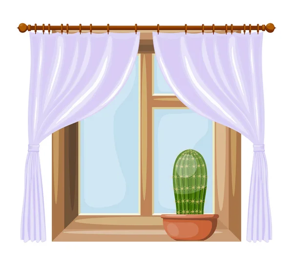 Imagen en color Ventanas estilo caricatura con cortinas sobre fondo blanco. Ilustración vectorial de una ventana con un cactus de flor — Vector de stock