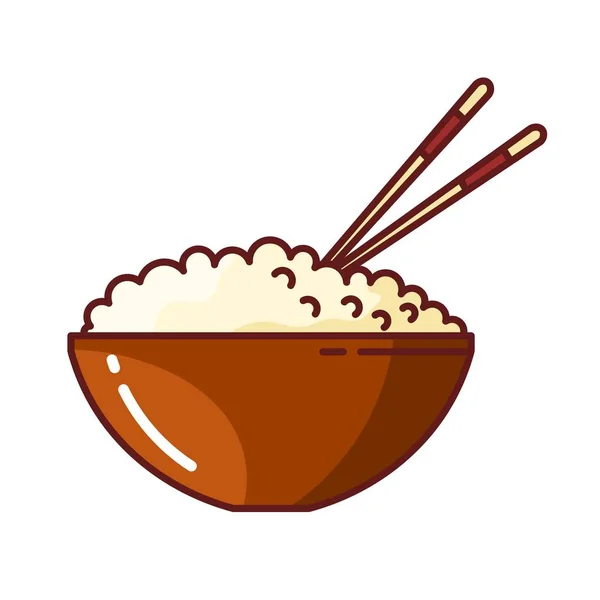Gekleurd beeld van rijst in een klei kom met stokjes. Vectorillustratie van Japans eten op witte achtergrond — Stockvector