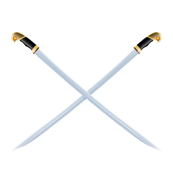 Imagem colorida de dois sabres vintage cruzados em um fundo branco. Ilustração vetorial de espadas retrô — Vetor de Stock