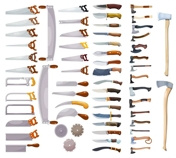 Grande collezione colorata di uno strumento di lavoro domestico su sfondo bianco. Illustrazione vettoriale di un insieme di asce, coltelli e seghe — Vettoriale Stock
