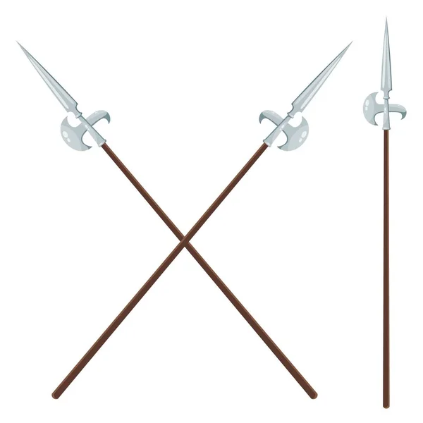 Imagem colorida de dois halberds cruzados em um fundo branco. Ilustração vetorial estilo halberds Desenhos animados — Vetor de Stock