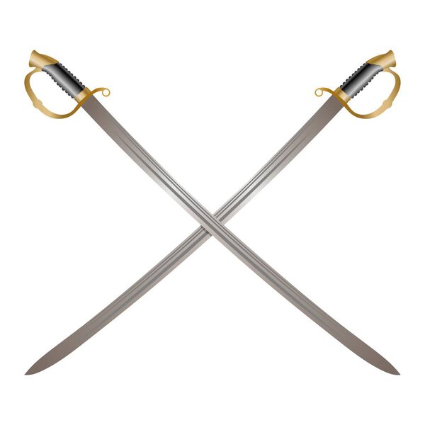 Color image of two crossed vintage sabers on a white background. Vector illustration of retro swords