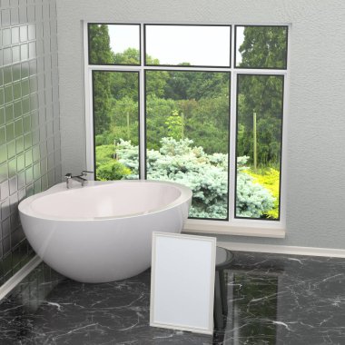 Lüks beyaz modern banyo fayans, mermer, geniş pencere ile banyoda. Bir manzara ile banyo. 3D render
