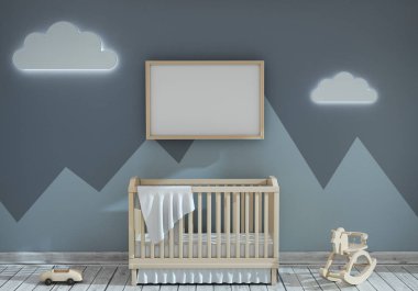 bir çocuk odası bir bebek yatağı ve oyuncaklar ile 3D Illustration. Çocuk yatak odası alay.