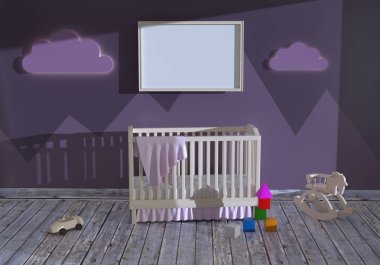 bir çocuk odası bir bebek yatağı ve oyuncaklar ile 3D Illustration. Çocuk yatak odası alay.