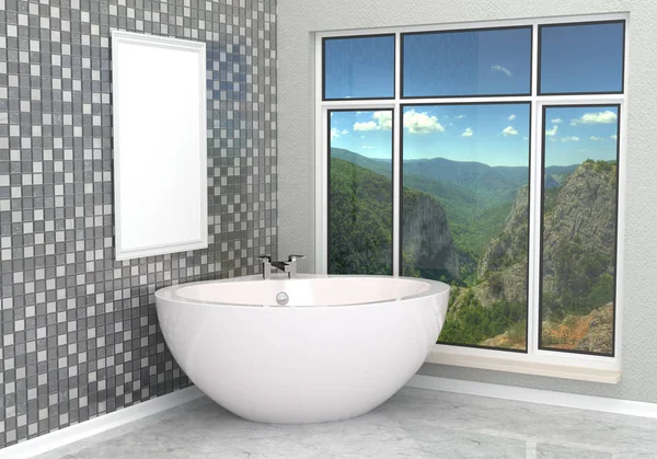 Luxuriöses weißes modernes Badezimmer im Badezimmer mit Fliesen, Marmor, großes Fenster. Badezimmer mit Landschaft. 3D-Darstellung — Stockfoto